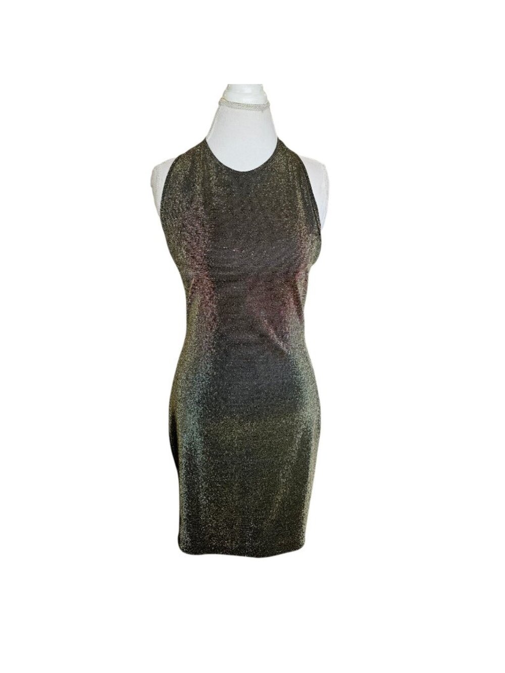 VTG 90s Cocktail Halter Dress Gold Metallic Black Sz 8 Stretchy Made In USA